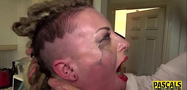  Dominated tattooed busty slut deep throats